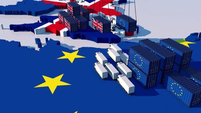 TRADE BETWEEN england and eu. Trucks and containers face each o