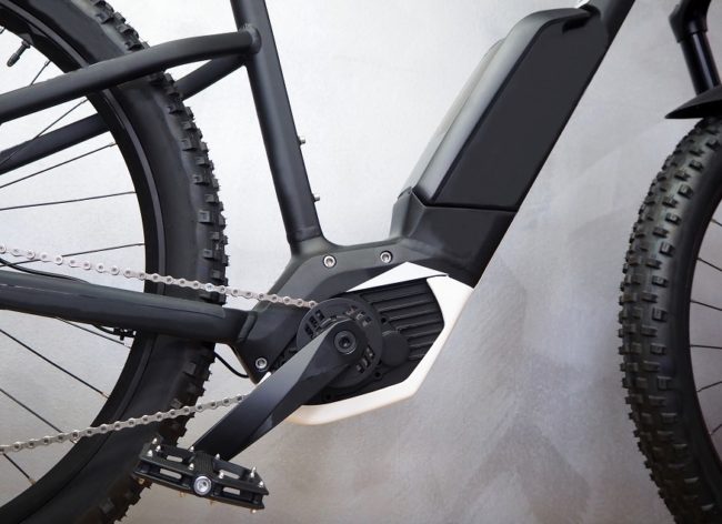 Electric bicycle or e bike. Details of motor, battery and pedal